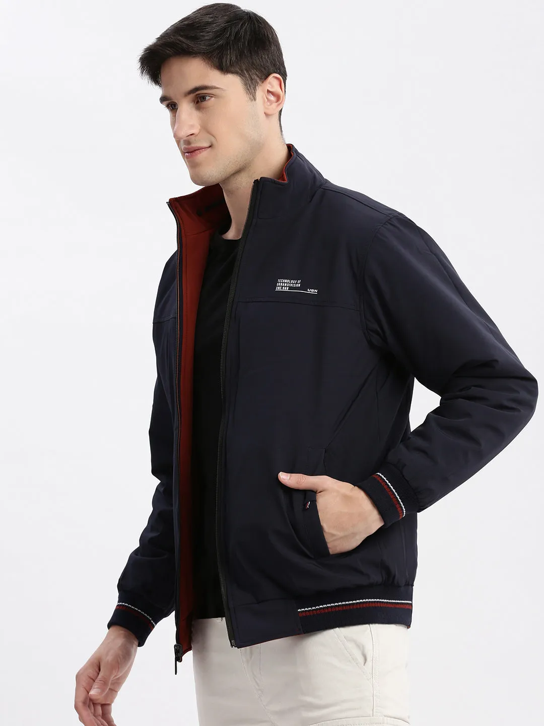 Men Rust Mock Collar Rapid Dry Reversible Bomber Jacket
