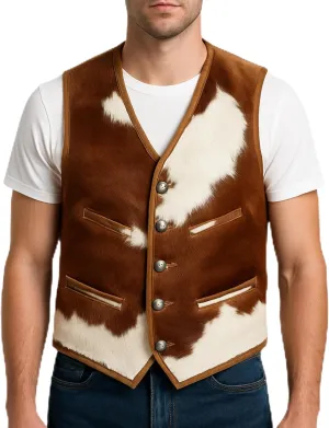 Mens Animal Print Hair-On Vest Cowhide Leather Western Cowhide Black and White Waistcoat