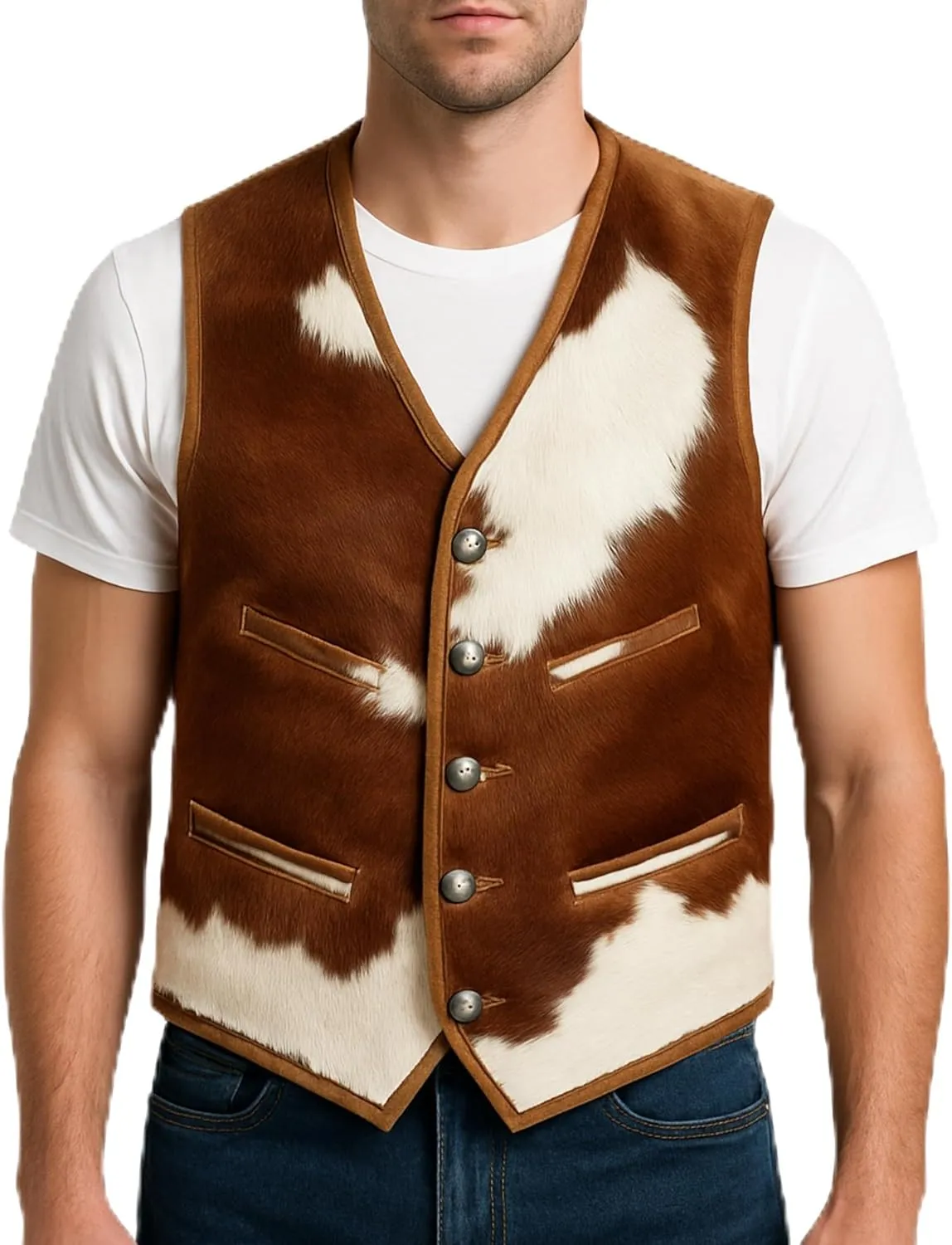 Mens Animal Print Hair-On Vest Cowhide Leather Western Cowhide Black and White Waistcoat