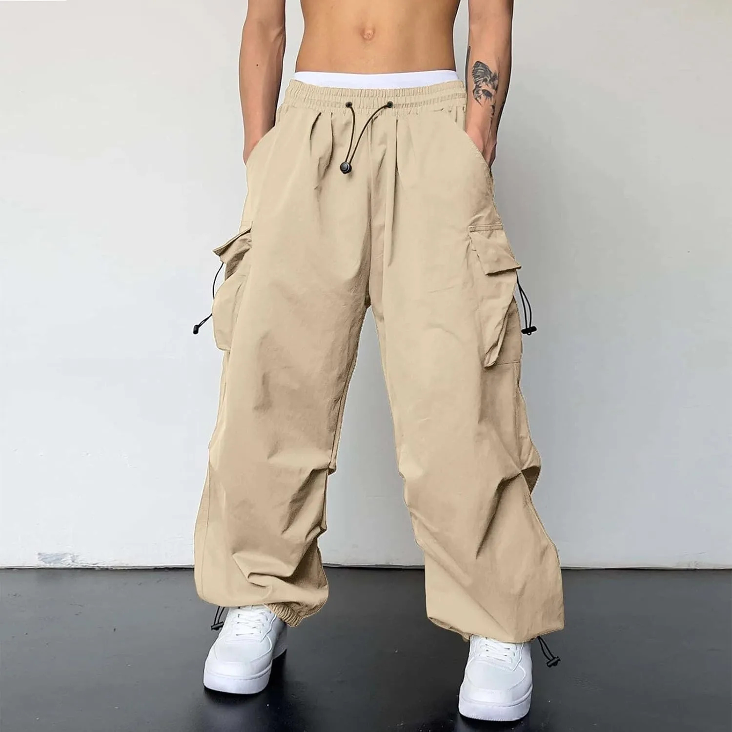 Men's Baggy Cargo Pants Casual Loose Fit Wide Leg Elastic Waist Pant Streetwear with Multiple Pockets