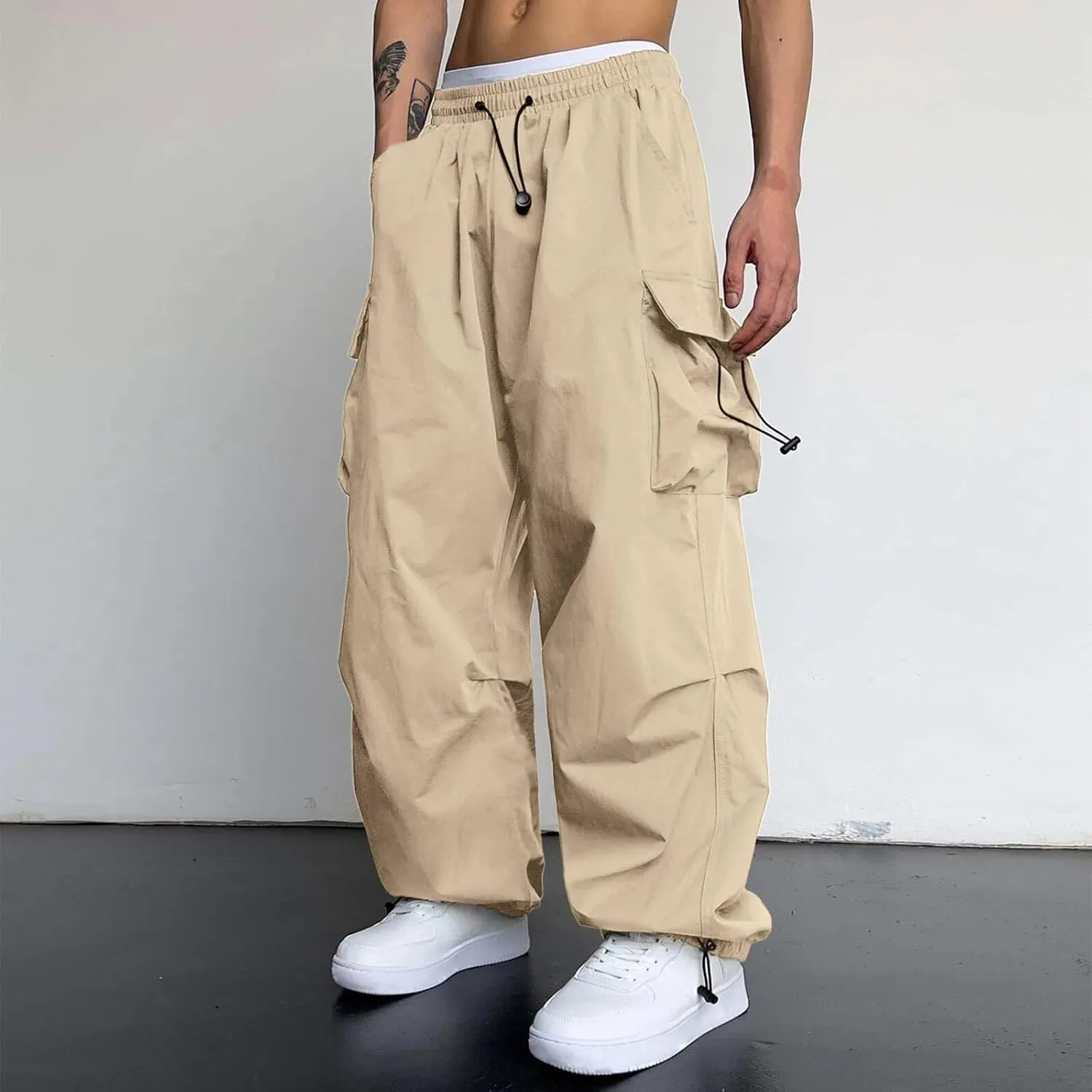 Men's Baggy Cargo Pants Casual Loose Fit Wide Leg Elastic Waist Pant Streetwear with Multiple Pockets