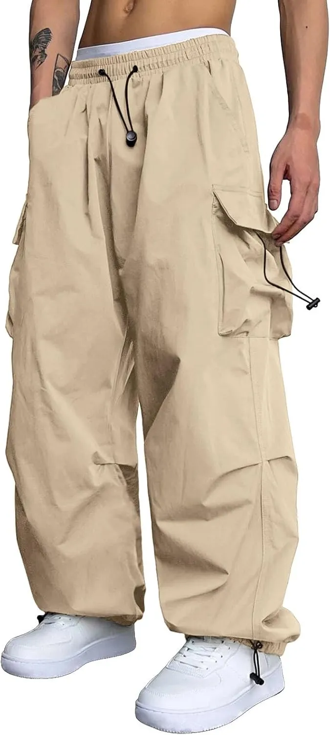 Men's Baggy Cargo Pants Casual Loose Fit Wide Leg Elastic Waist Pant Streetwear with Multiple Pockets