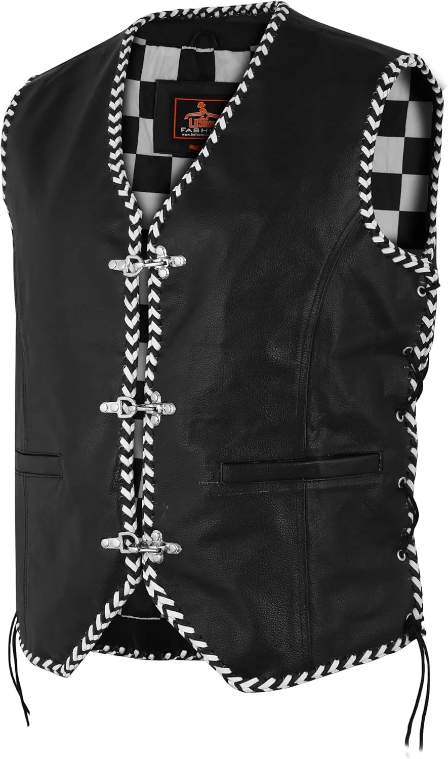 Men's Biker Rider Motorcycle stylish Black Cowhide leather sleeveless vest With white & Black Edging