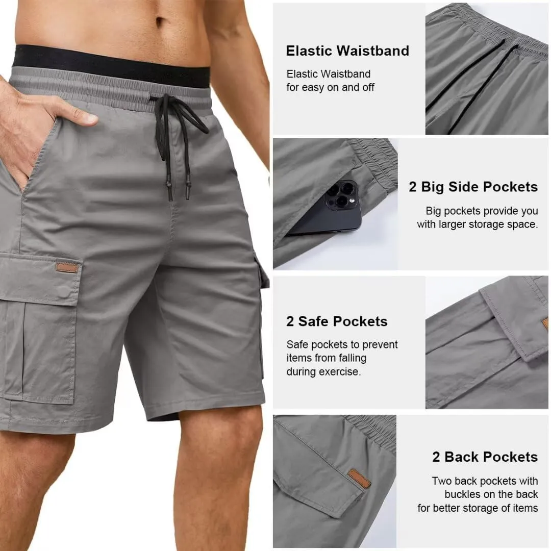 Mens Cargo Shorts Casual Waist Elastic Drawstring Outdoor Golf Shorts with 6 Pockets