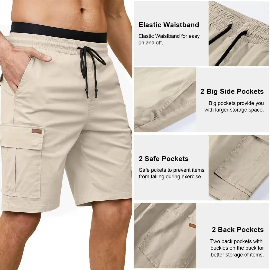 Mens Cargo Shorts Casual Waist Elastic Drawstring Outdoor Golf Shorts with 6 Pockets