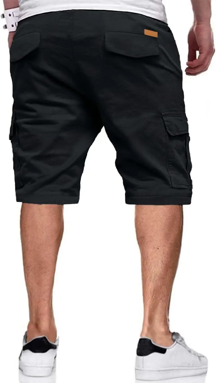 Mens Cargo Shorts Casual Waist Elastic Drawstring Outdoor Golf Shorts with 6 Pockets