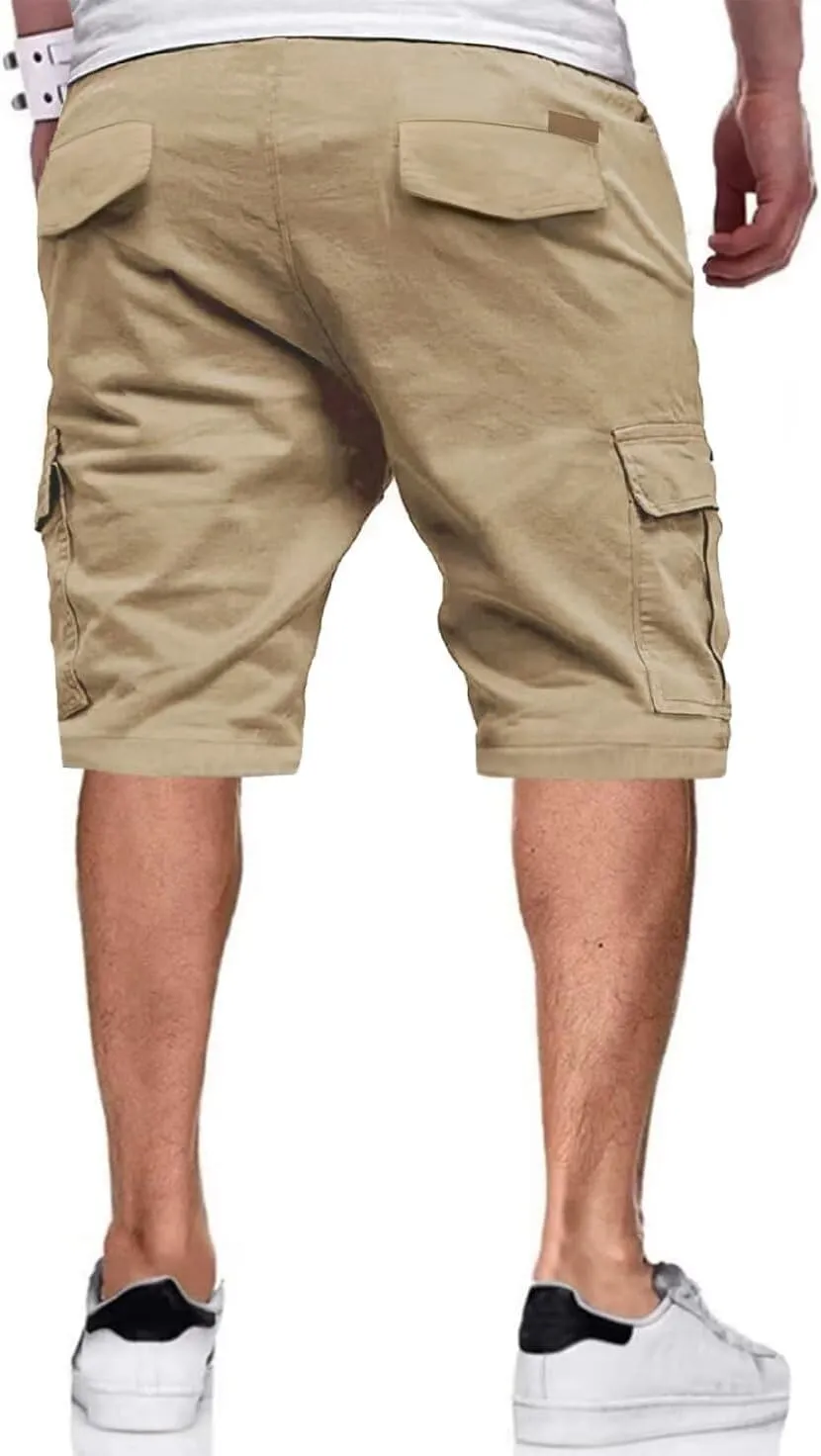 Mens Cargo Shorts Casual Waist Elastic Drawstring Outdoor Golf Shorts with 6 Pockets