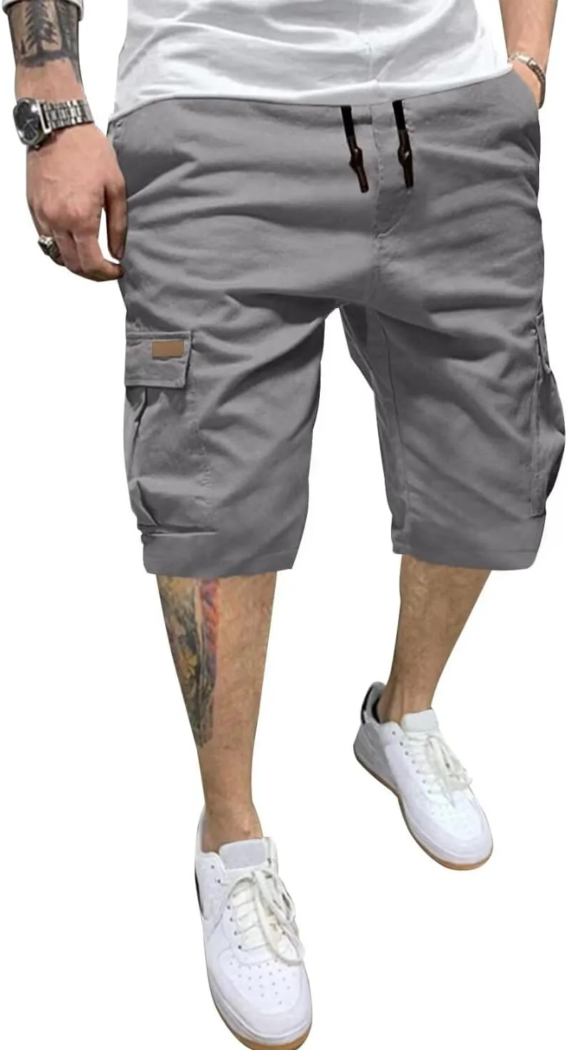 Mens Cargo Shorts Casual Waist Elastic Drawstring Outdoor Golf Shorts with 6 Pockets