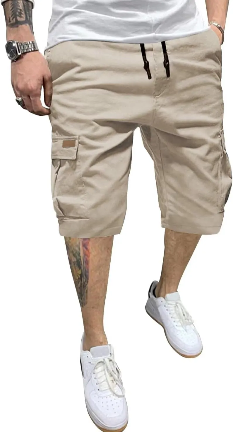 Mens Cargo Shorts Casual Waist Elastic Drawstring Outdoor Golf Shorts with 6 Pockets