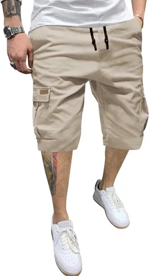 Mens Cargo Shorts Casual Waist Elastic Drawstring Outdoor Golf Shorts with 6 Pockets