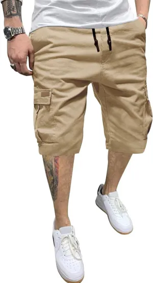 Mens Cargo Shorts Casual Waist Elastic Drawstring Outdoor Golf Shorts with 6 Pockets