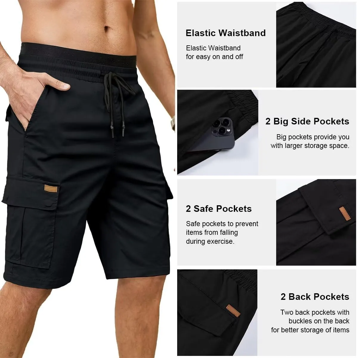 Mens Cargo Shorts Casual Waist Elastic Drawstring Outdoor Golf Shorts with 6 Pockets