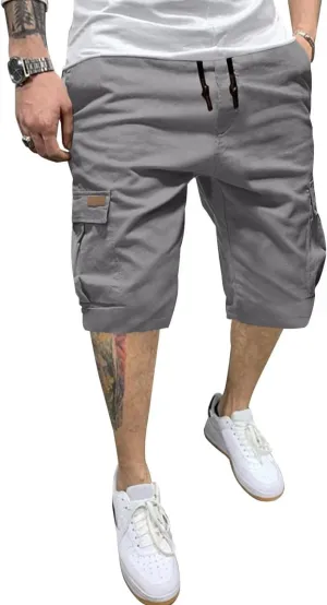 Mens Cargo Shorts Casual Waist Elastic Drawstring Outdoor Golf Shorts with 6 Pockets