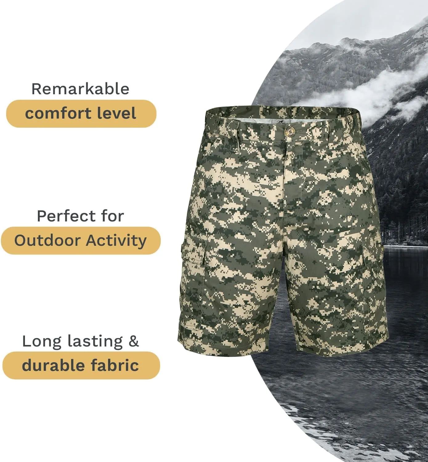 Men's Cargo Shorts - Durable Camo Cargo Shorts for Men-Mens Shorts Cargo with Mossy Oak Print - Ideal for Hiking and Camping