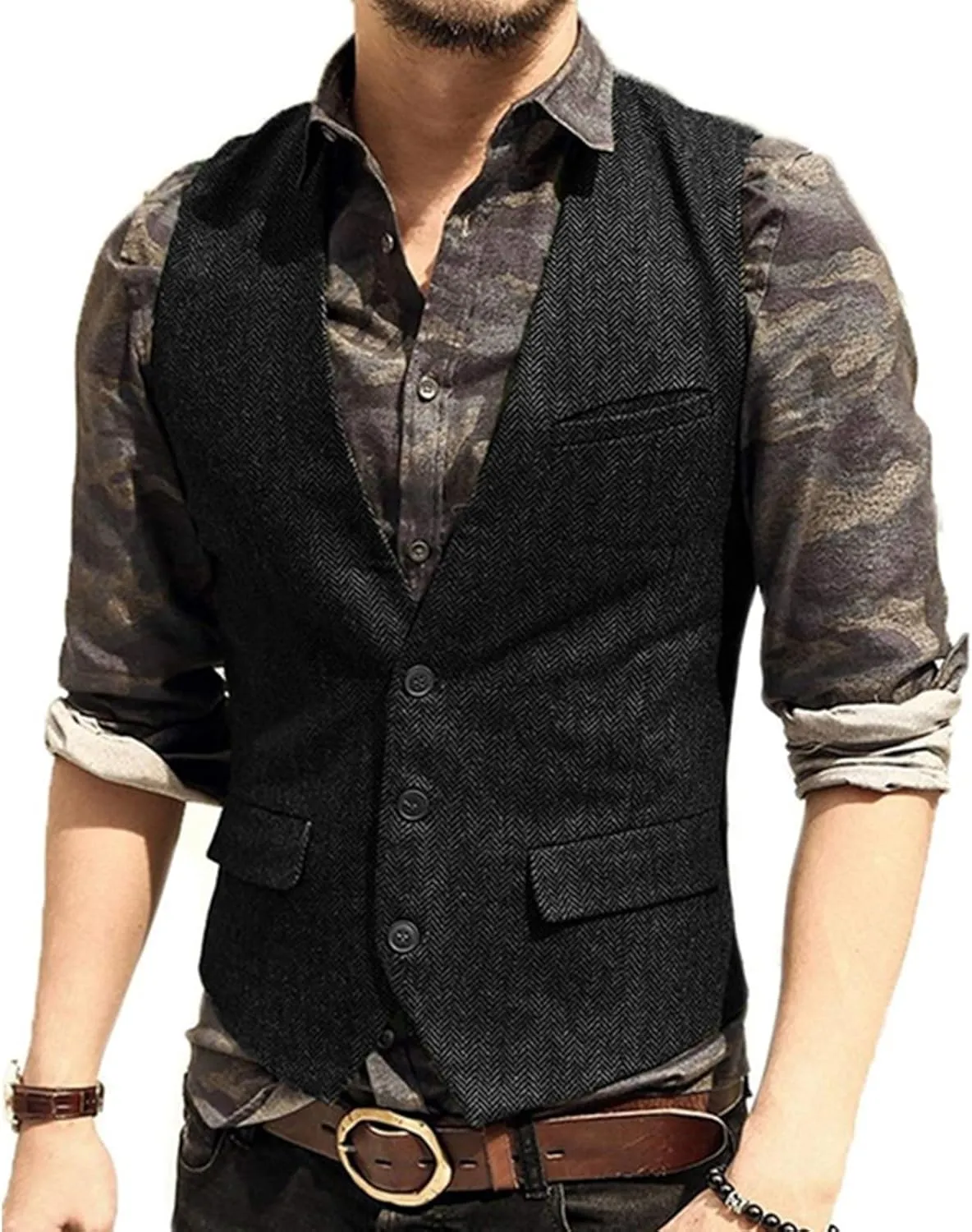 Men's Casual Plus Size Vest with 3 Pockets Wedding Herringbone Slim Fit Waistcoat Jacket Tank Top for Prom,Daily