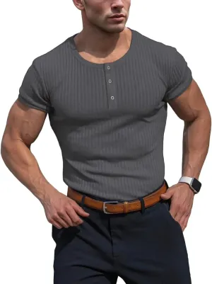 Men's Cotton Muscle Henley Shirts Slim Fit Short/Long Sleeve Stretchy Casual Stylish Ribbed Tee