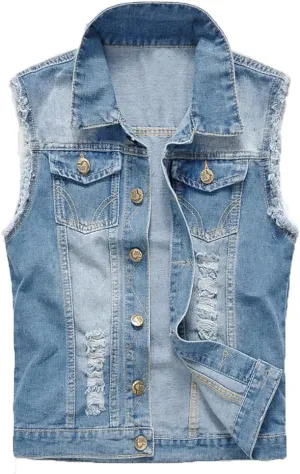 Mens Denim Vests Sleeveless Slim Fit Ripped Distressed Button Down Jean Vest Jackets