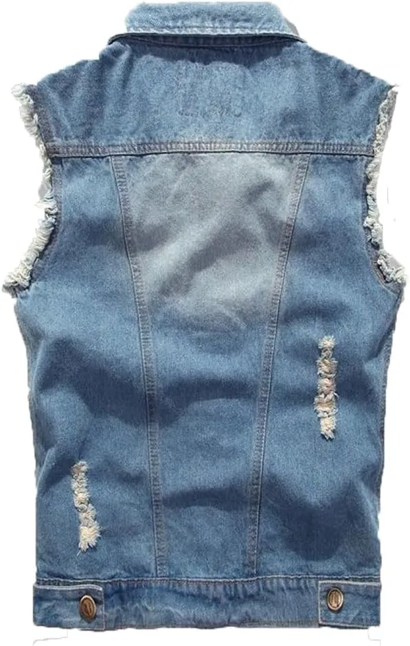 Mens Denim Vests Sleeveless Slim Fit Ripped Distressed Button Down Jean Vest Jackets