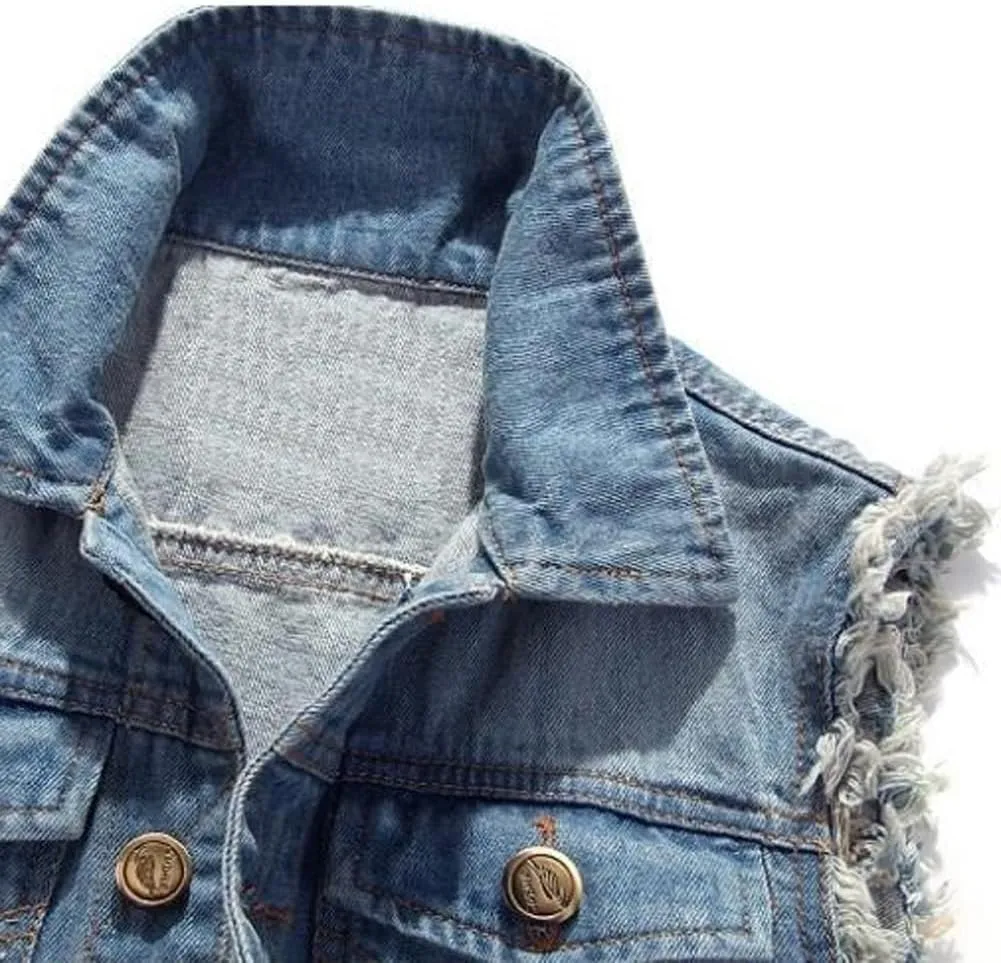 Mens Denim Vests Sleeveless Slim Fit Ripped Distressed Button Down Jean Vest Jackets