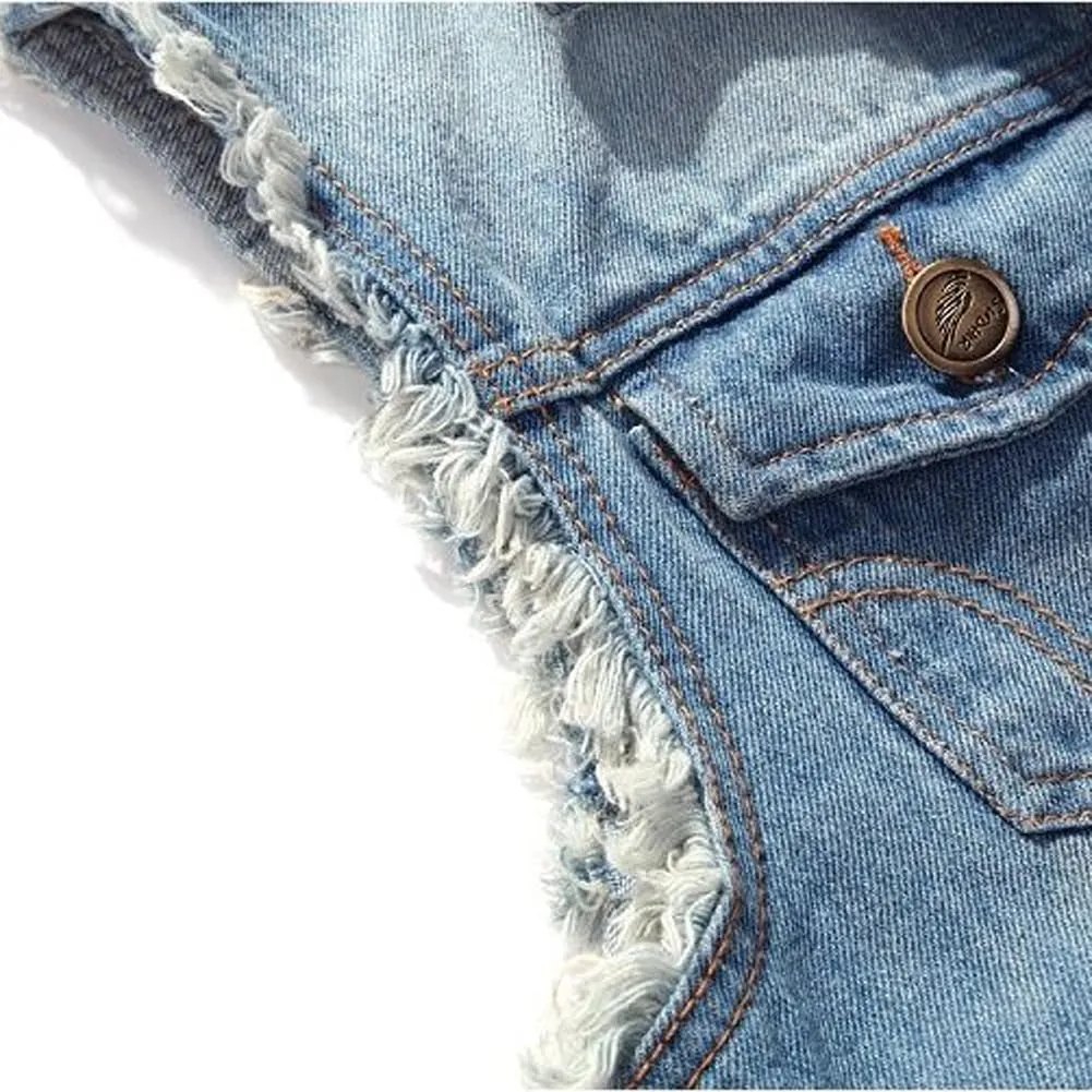 Mens Denim Vests Sleeveless Slim Fit Ripped Distressed Button Down Jean Vest Jackets