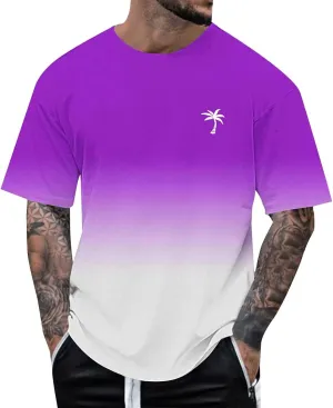 Men's Gradient Color Basic T Shirt Summer Loose Fit Short Sleeve Palm Tree Print Tee Trendy Beach Party Outdoor Fashion Top
