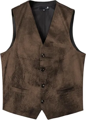 Men's Leather Suit Vest Casual Western Vest Jacket V-Neck Dress Vest Waistcoats
