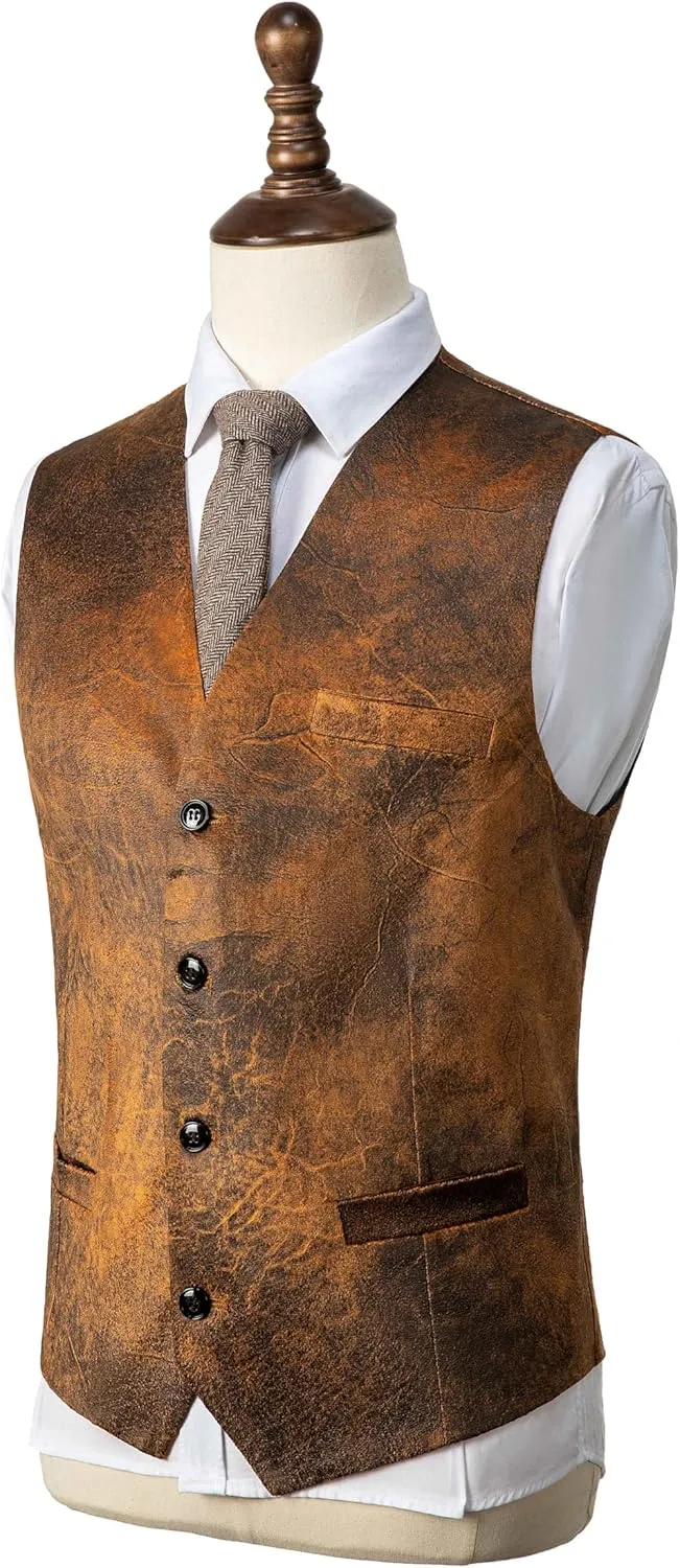 Men's Leather Suit Vest Casual Western Vest Jacket V-Neck Dress Vest Waistcoats