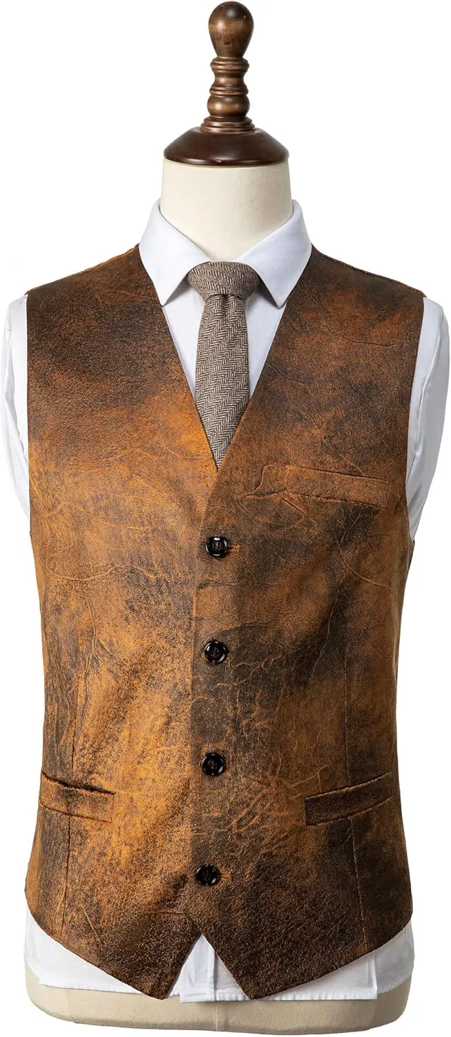 Men's Leather Suit Vest Casual Western Vest Jacket V-Neck Dress Vest Waistcoats