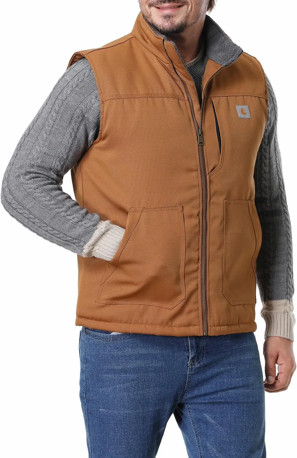 Men's Loose Fit Workwear Vest Fleece-Lined Durability Waterproof Mock-Neck Vest