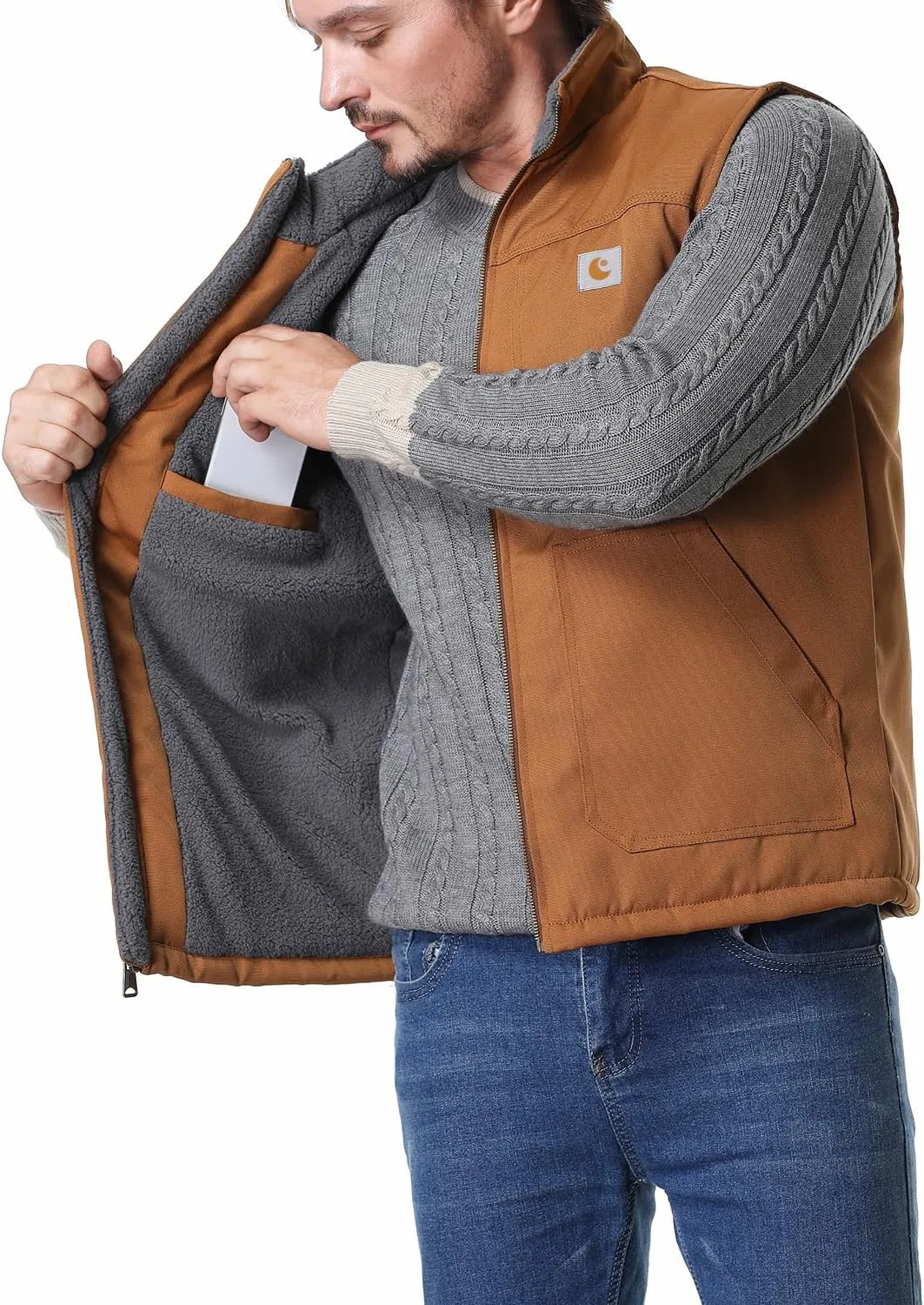 Men's Loose Fit Workwear Vest Fleece-Lined Durability Waterproof Mock-Neck Vest