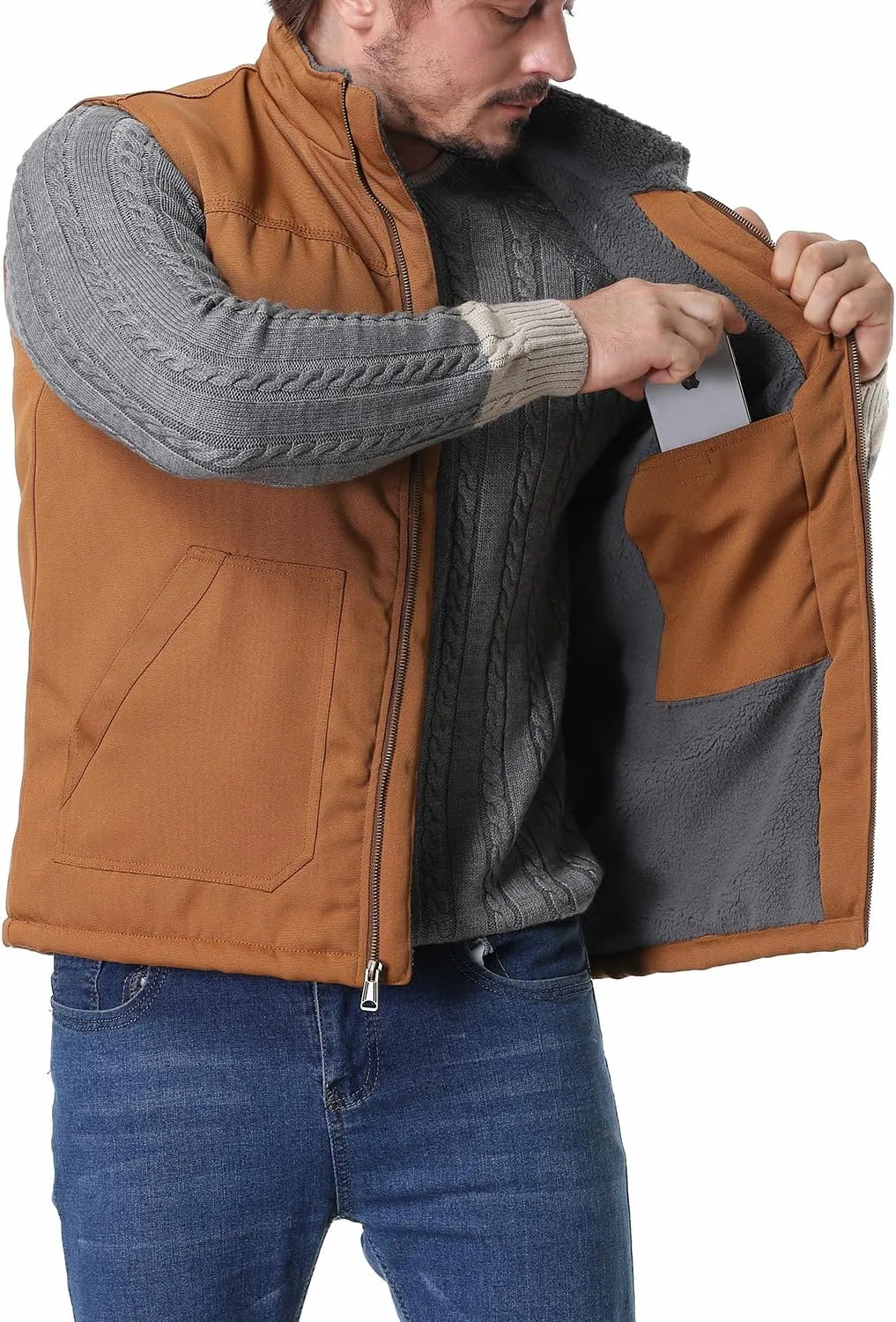 Men's Loose Fit Workwear Vest Fleece-Lined Durability Waterproof Mock-Neck Vest