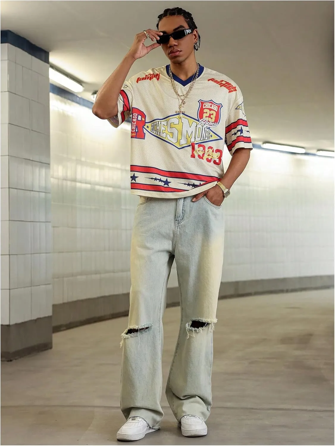 Men's Number Graphic Short Sleeve Jersey Shirts Oversized Y2K Star V Neck Colorblock Tee Shirt Top