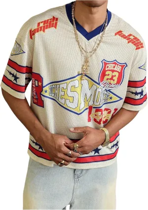 Men's Number Graphic Short Sleeve Jersey Shirts Oversized Y2K Star V Neck Colorblock Tee Shirt Top
