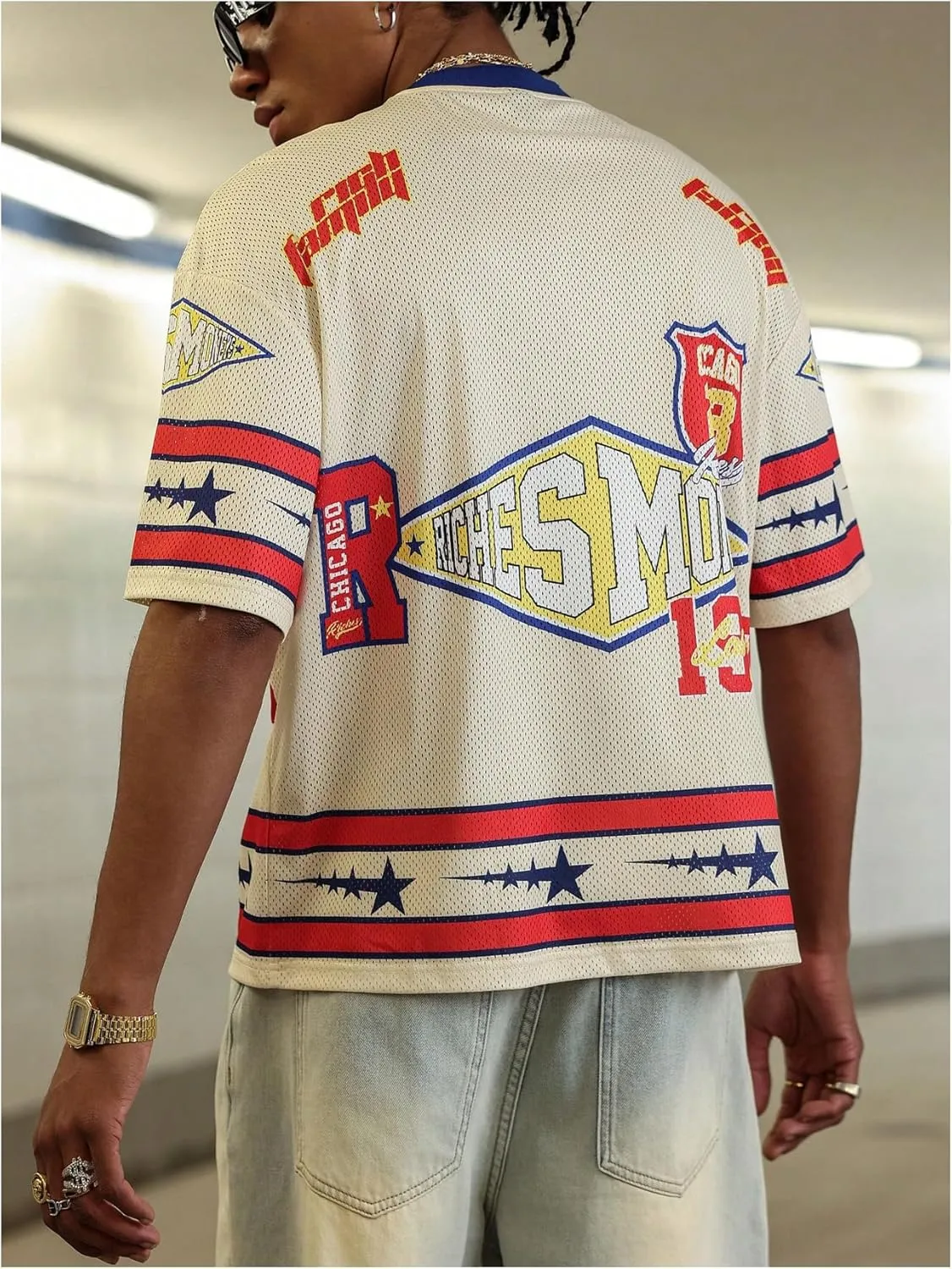 Men's Number Graphic Short Sleeve Jersey Shirts Oversized Y2K Star V Neck Colorblock Tee Shirt Top