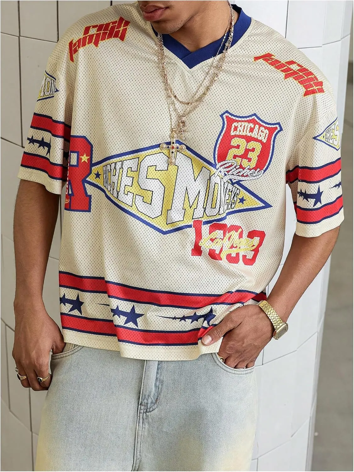 Men's Number Graphic Short Sleeve Jersey Shirts Oversized Y2K Star V Neck Colorblock Tee Shirt Top