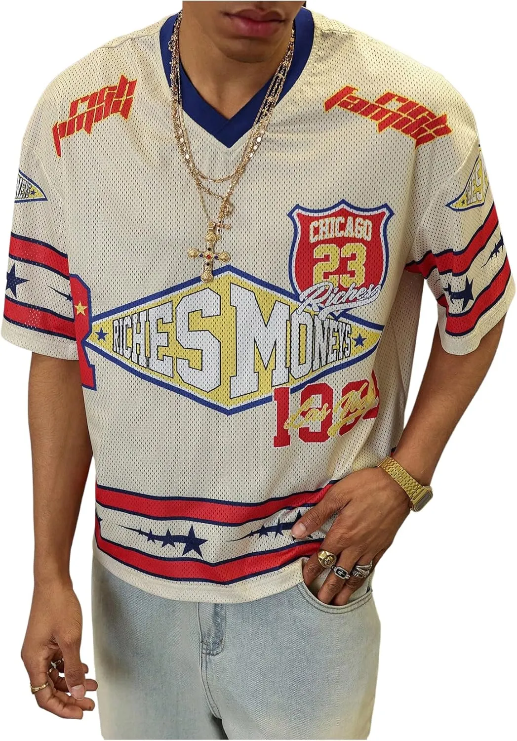 Men's Number Graphic Short Sleeve Jersey Shirts Oversized Y2K Star V Neck Colorblock Tee Shirt Top