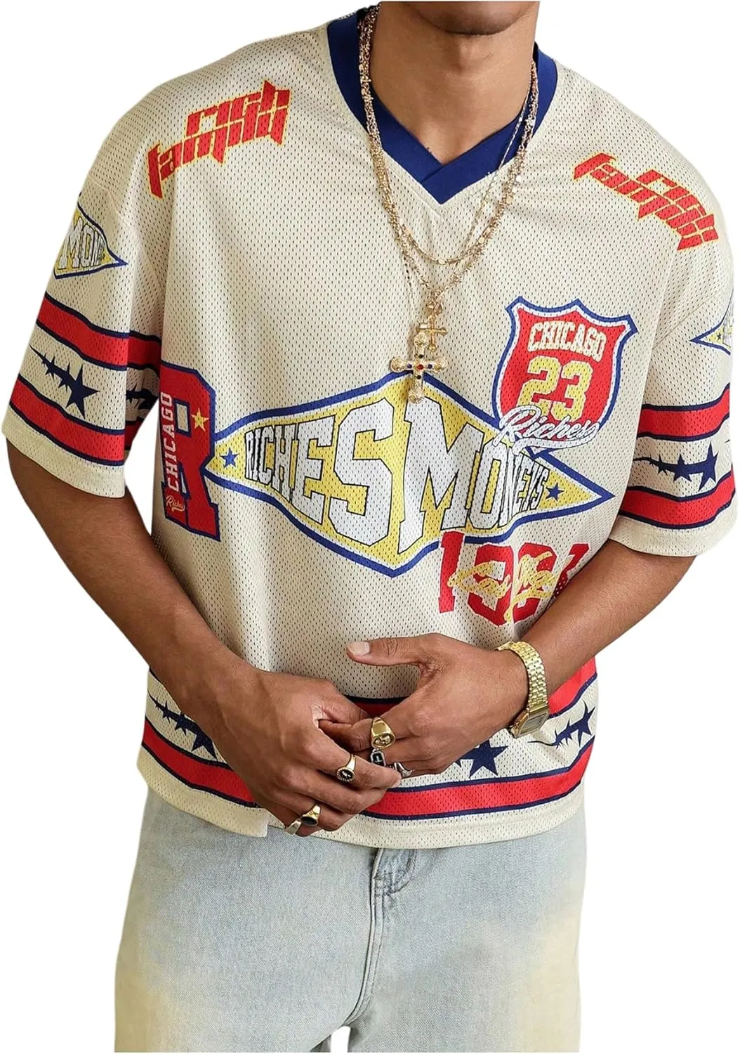 Men's Number Graphic Short Sleeve Jersey Shirts Oversized Y2K Star V Neck Colorblock Tee Shirt Top