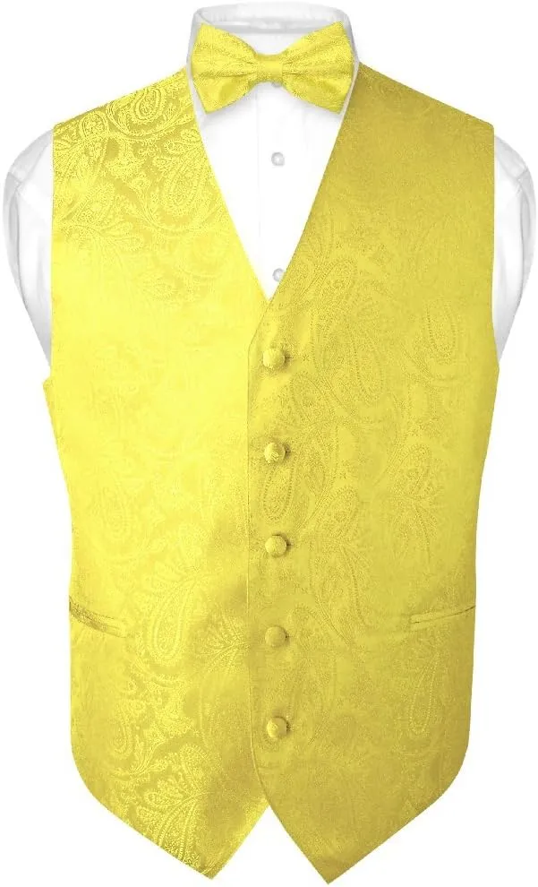 Men's Paisley Design Dress Vest & Bow Tie YELLOW Color BOWTie Set for Suit Tux