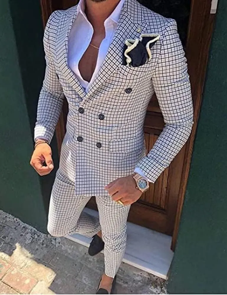 Mens Plaid Slim Fit 2 Pieces Suit Casual Notched Lapel Blazer Tuxedo Sport Coat Trousers