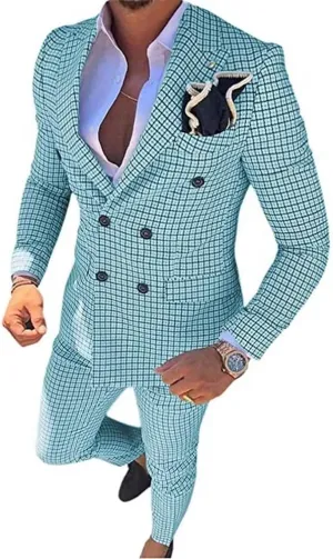Mens Plaid Slim Fit 2 Pieces Suit Casual Notched Lapel Blazer Tuxedo Sport Coat Trousers