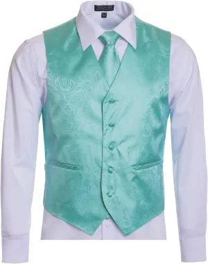 Men's Premium Paisley Vest Neck Tie Pocket Square Set Paisley Vest for Suits and Tuxedos-Many Colors