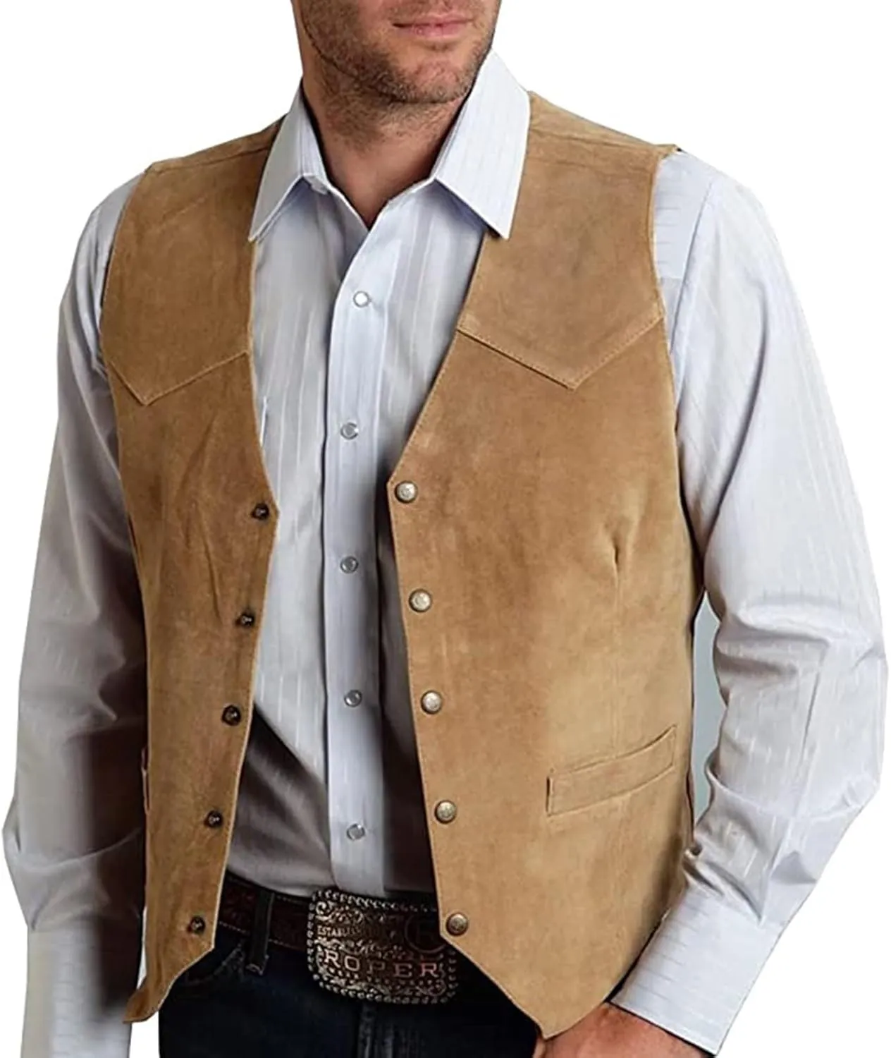 Mens Retro 5 Button Suede Suit Vest V Neck Leather Casual Waistcoat for Prom Banquet for Father Husband Gift Regular Fit