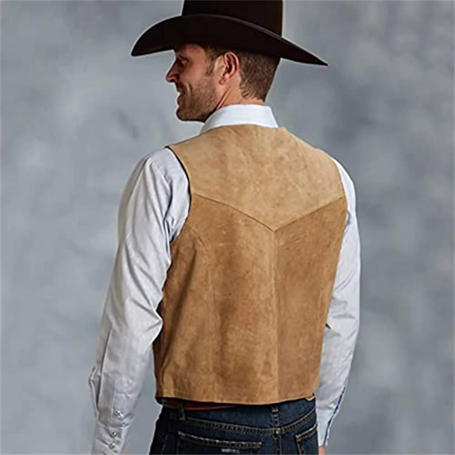 Mens Retro 5 Button Suede Suit Vest V Neck Leather Casual Waistcoat for Prom Banquet for Father Husband Gift Regular Fit