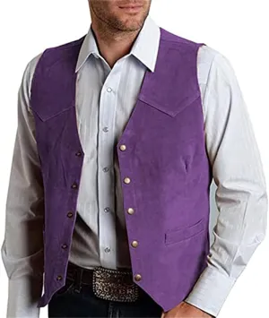 Mens Retro 5 Button Suede Suit Vest V Neck Leather Casual Waistcoat for Prom Banquet for Father Husband Gift Regular Fit