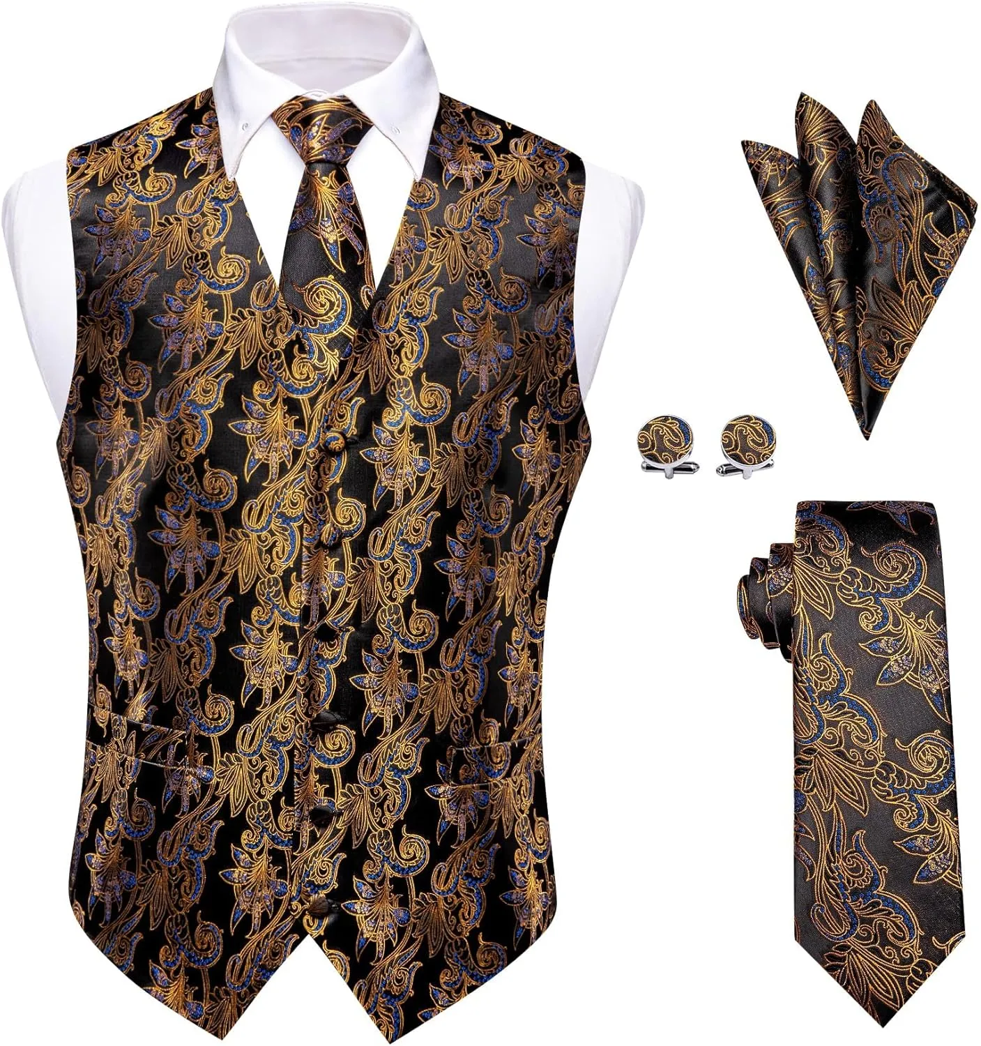 Mens Suit Vest 4PC Silk Paisley Vest with Necktie Pocket Square Cufflinks Formal Woven Waistcoat for Suit Tuxedo