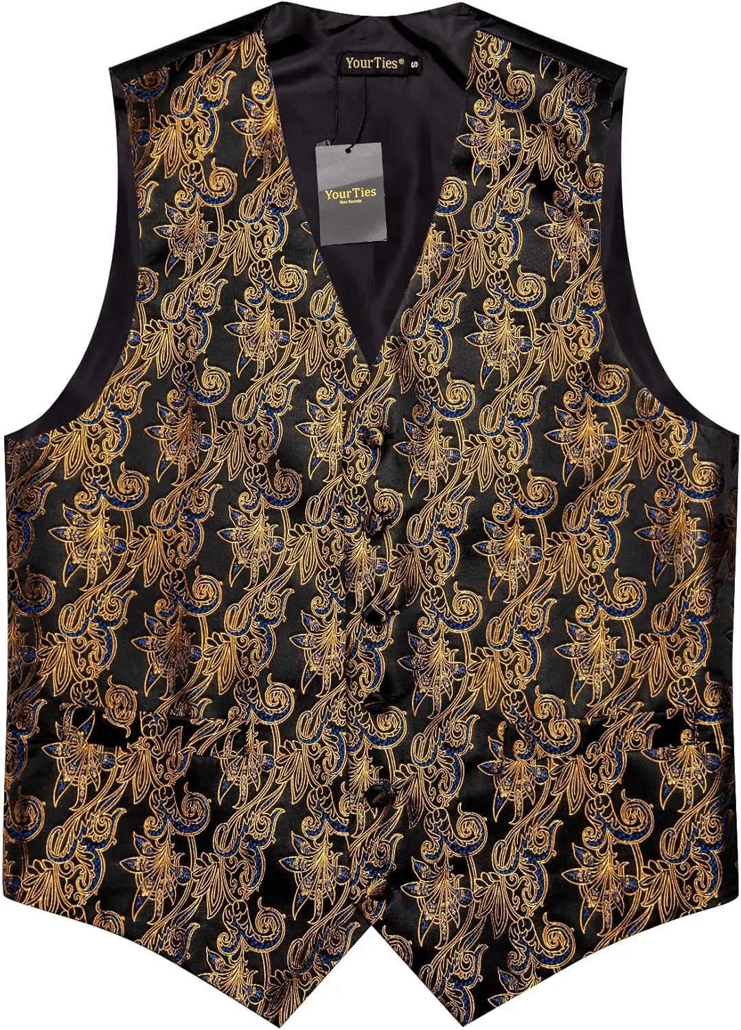 Mens Suit Vest 4PC Silk Paisley Vest with Necktie Pocket Square Cufflinks Formal Woven Waistcoat for Suit Tuxedo