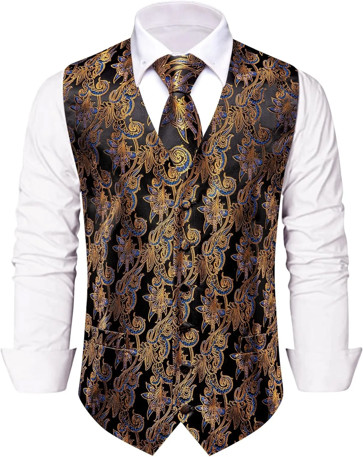 Mens Suit Vest 4PC Silk Paisley Vest with Necktie Pocket Square Cufflinks Formal Woven Waistcoat for Suit Tuxedo