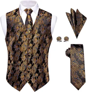 Mens Suit Vest 4PC Silk Paisley Vest with Necktie Pocket Square Cufflinks Formal Woven Waistcoat for Suit Tuxedo