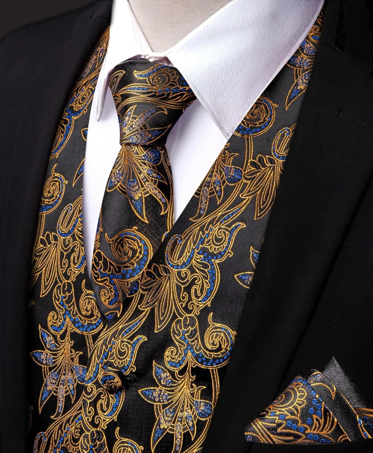 Mens Suit Vest 4PC Silk Paisley Vest with Necktie Pocket Square Cufflinks Formal Woven Waistcoat for Suit Tuxedo