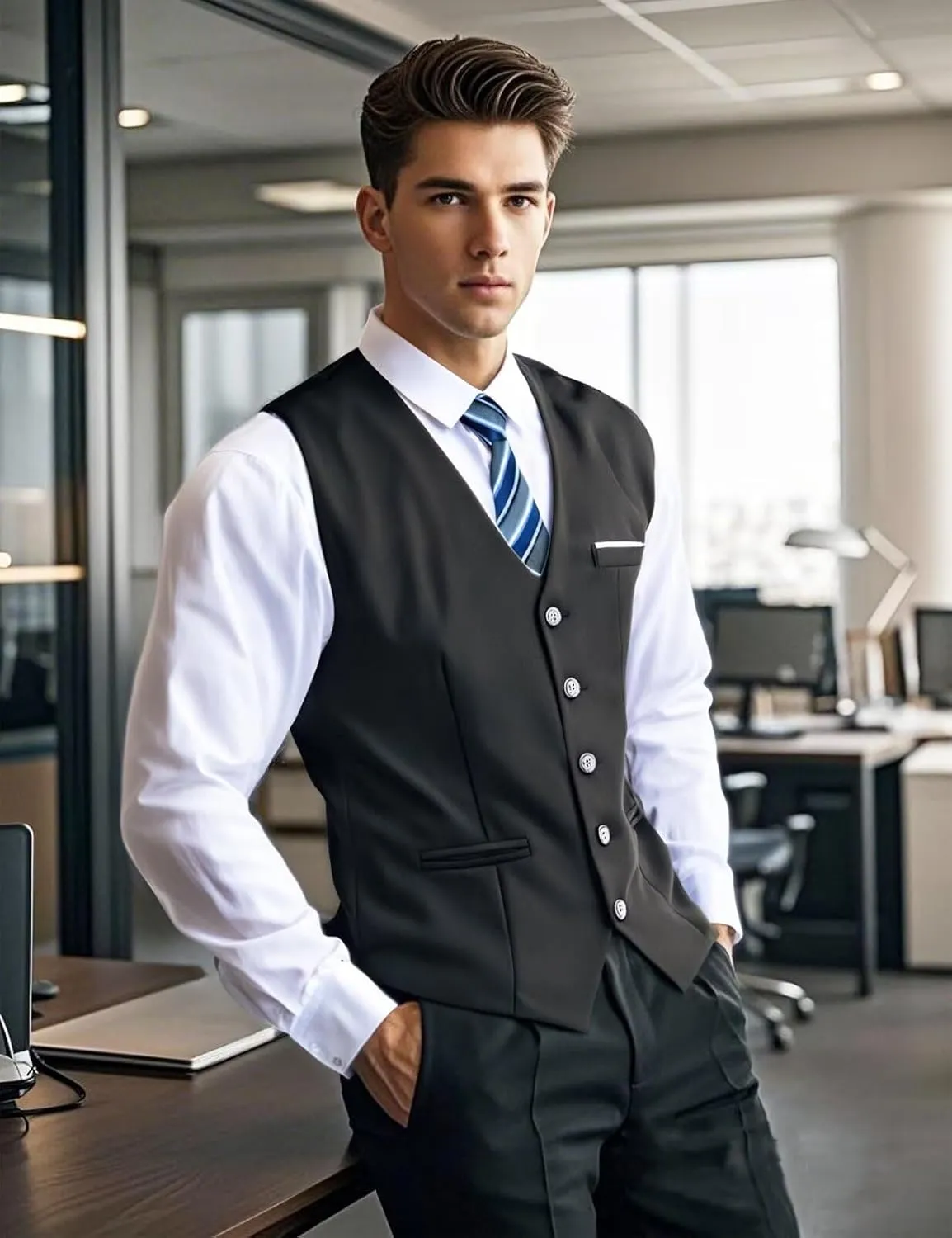 Mens Suit Vest, Business Formal Dress Vest for Men Solid Slim Fit Waistcoat, S-3XL